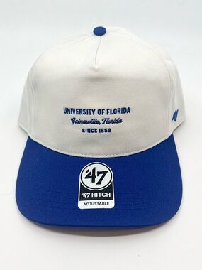 Florida Gators ‘47 Brand Hitch White/Blue Snapback Hat Micro Spellout BRAND NEW